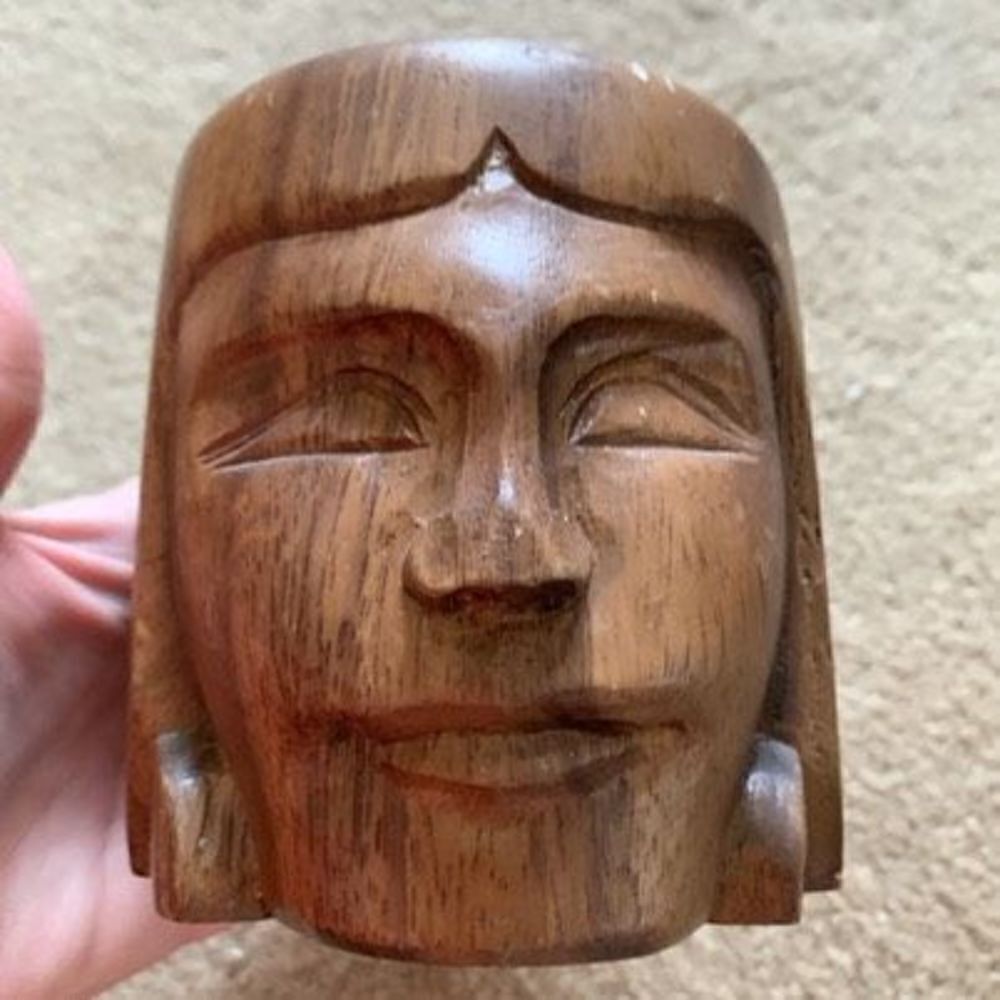Vintage Monkey Pod Wood Head Mug Philippines Mid Century Modern